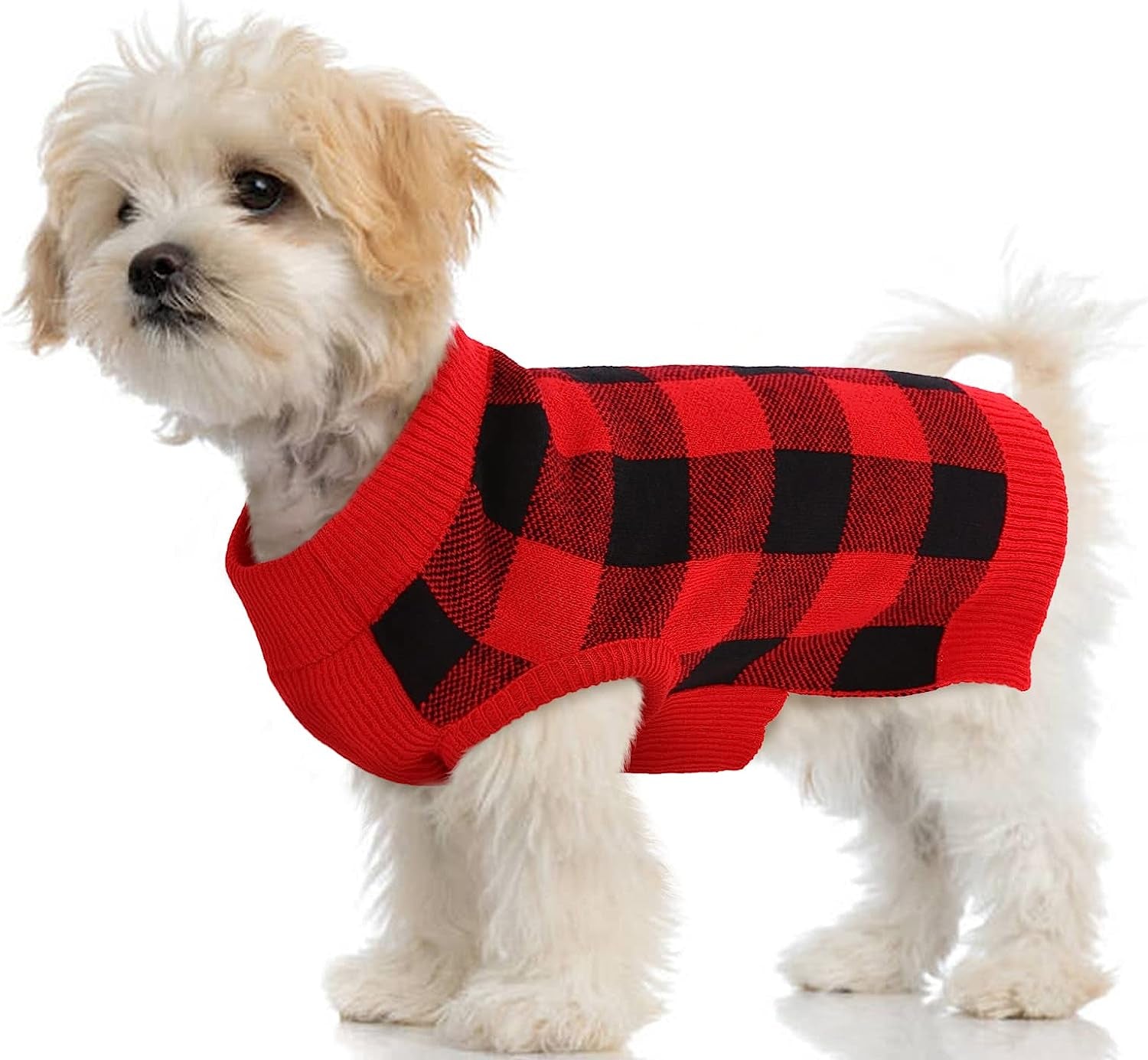 Classic Plaid Dog Sweater with Leash Hole, Warm Stretchy Knitwear for Small Medium Dog, Soft Jacquard Knit Pullover with Elastic High Collar for Spring Fall Winter Christmas Cold Weather Daily Wear Animals & Pet Supplies > Pet Supplies > Dog Supplies > Dog Apparel PUMYPOREITY Red/Black X-Small 