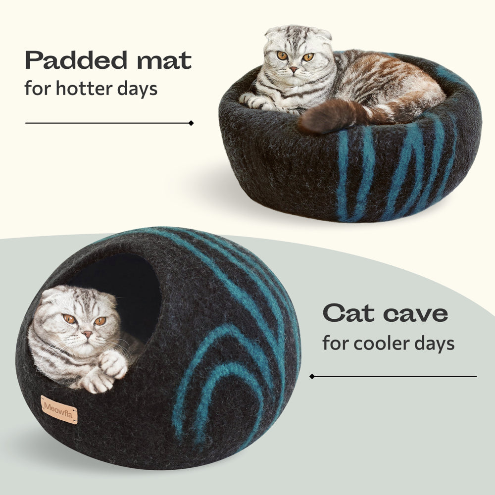 MEOWFIA Cat Bed for Large Cats - Wool Cat Cave Bed - Black Aqua Animals & Pet Supplies > Pet Supplies > Cat Supplies > Cat Beds MEOWFIA   