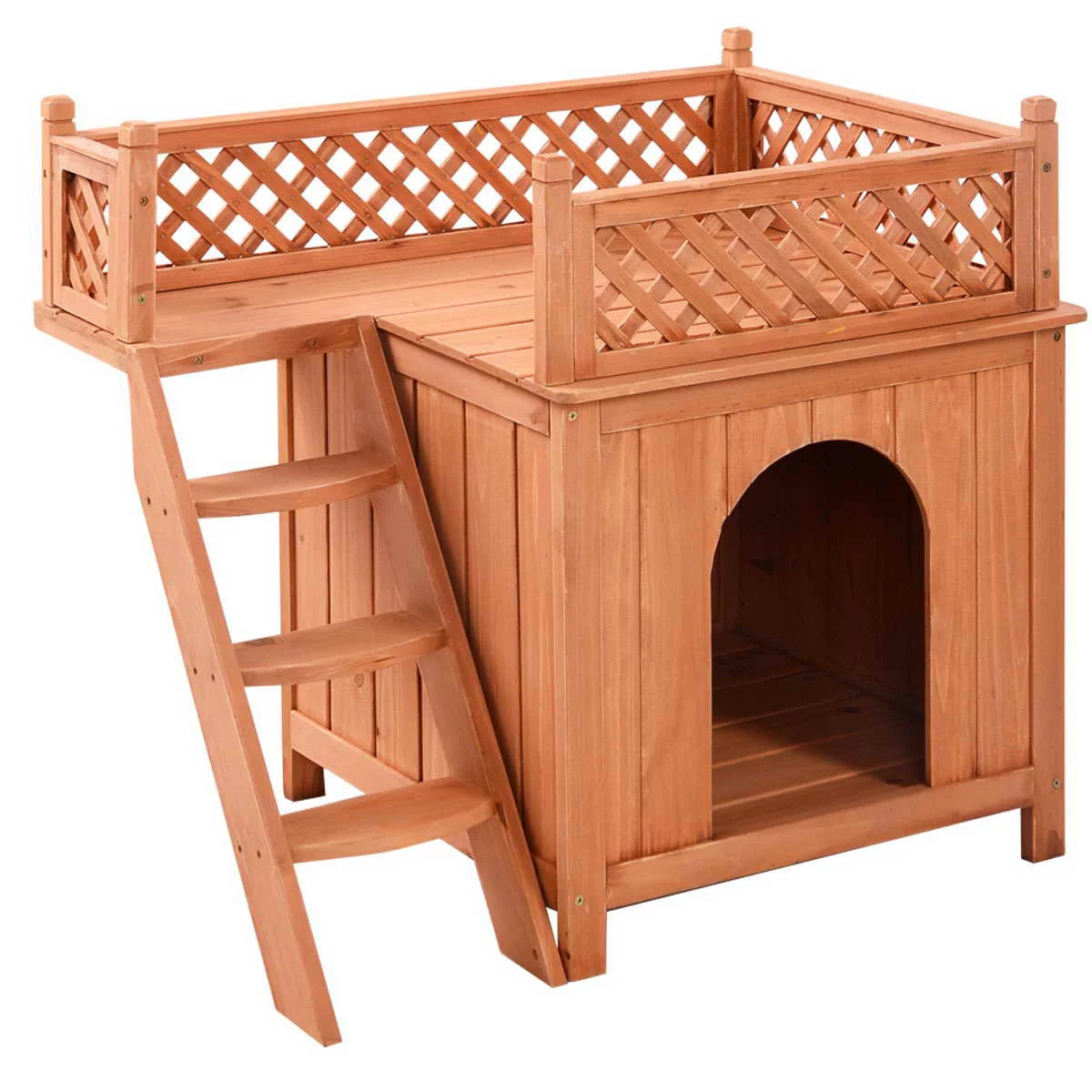 Topbuy Wooden Puppy Dog House Wood Pet Room W/ Raised Roof for Balcony