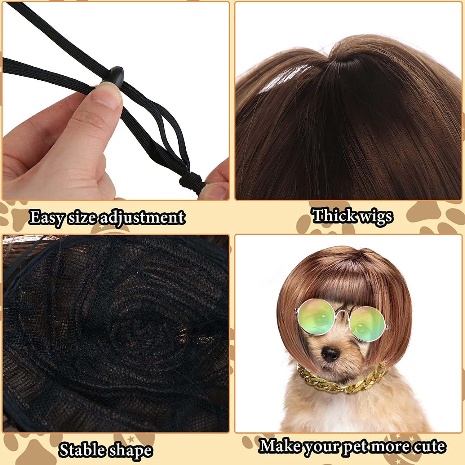 3 Pieces Dog Cosplay Wig, Cat Wigs, Dog Cosplay Costumes Accessories Include 3 Pieces Retro Pet round Sunglasses and 1 Pieces Dog Chain Necklace, Classic Funny Pet Accessories for Holiday Party Decor Animals & Pet Supplies > Pet Supplies > Dog Supplies > Dog Apparel LETA   