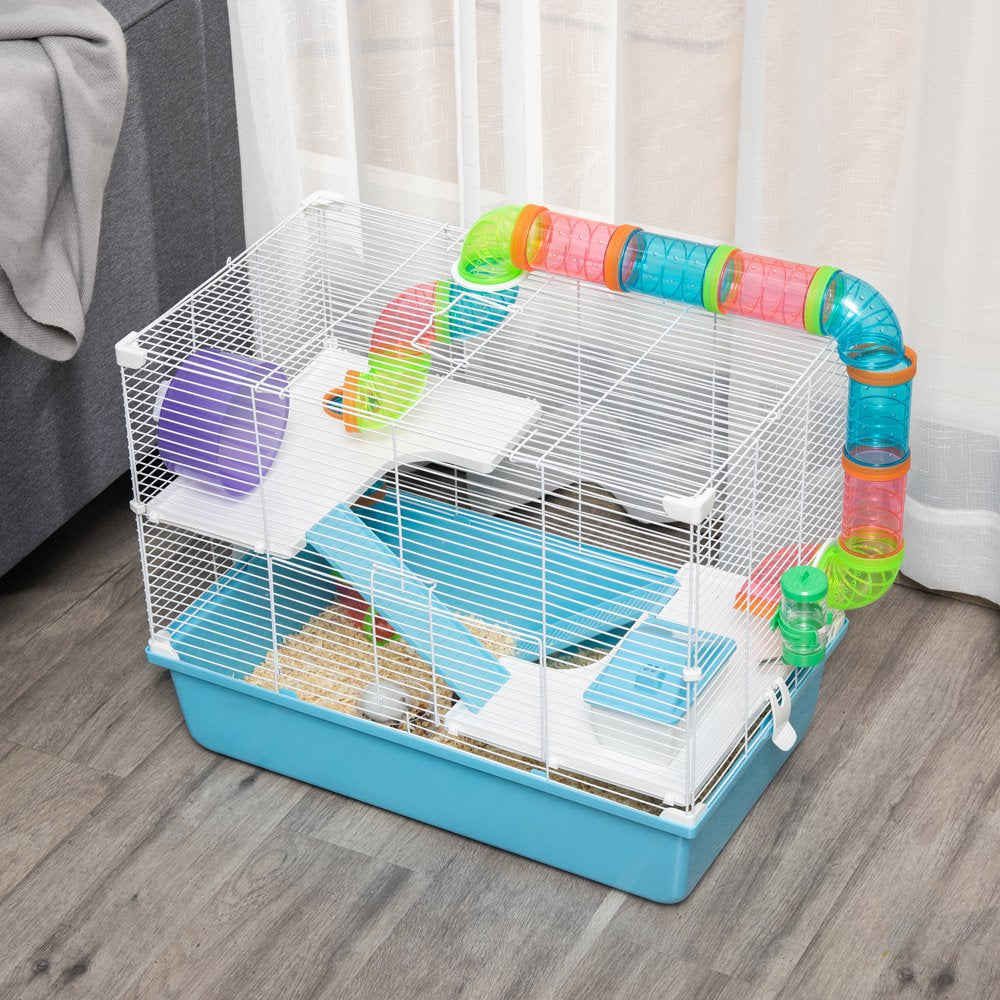 Pawhut Large Hamster Cage and Habitat, 3-Level Steel Rat Cage, Small Animal House, with Tube Tunnels, Exercise Wheel, Water Bottle, Food Dish, Hut, Ramps, 23" X 14" X 18.5", Light Blue