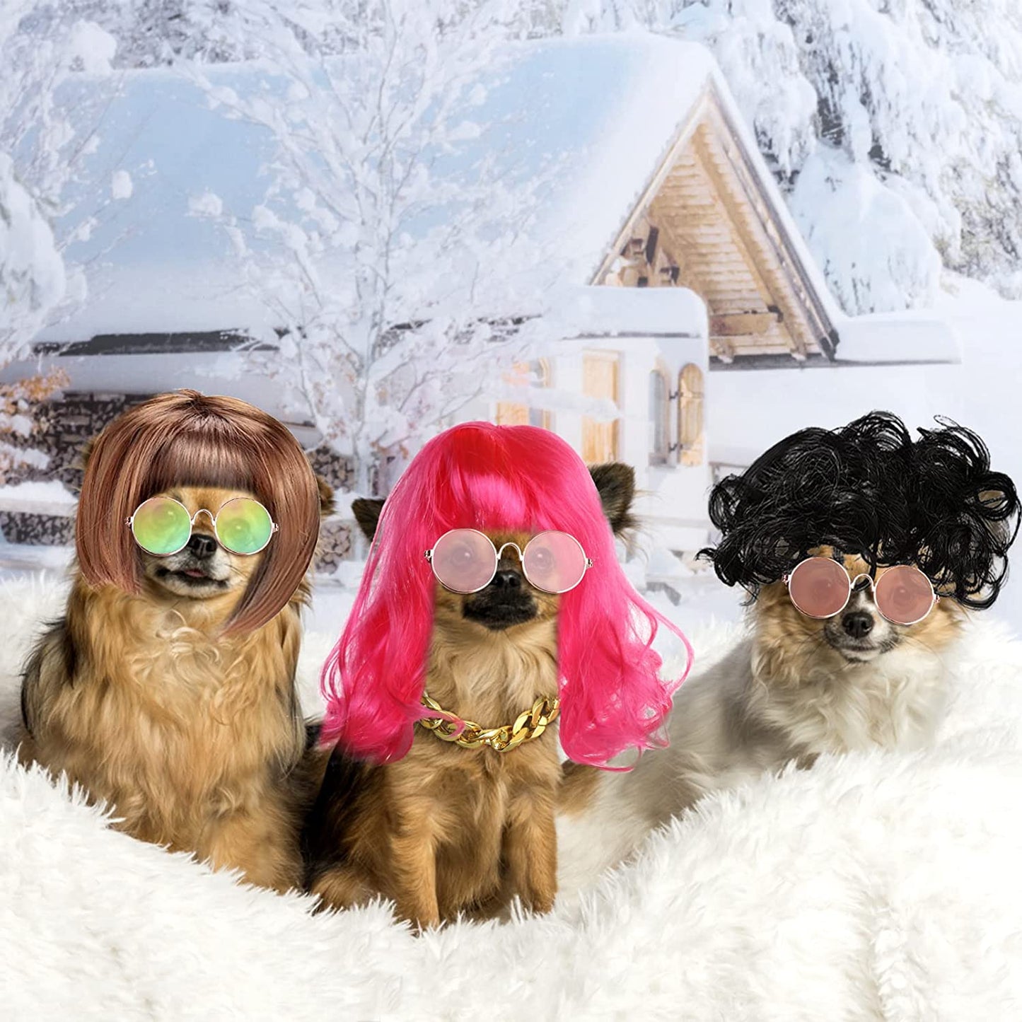 3 Pieces Dog Cosplay Wig, Cat Wigs, Dog Cosplay Costumes Accessories Include 3 Pieces Retro Pet round Sunglasses and 1 Pieces Dog Chain Necklace, Classic Funny Pet Accessories for Holiday Party Decor Animals & Pet Supplies > Pet Supplies > Dog Supplies > Dog Apparel LETA   