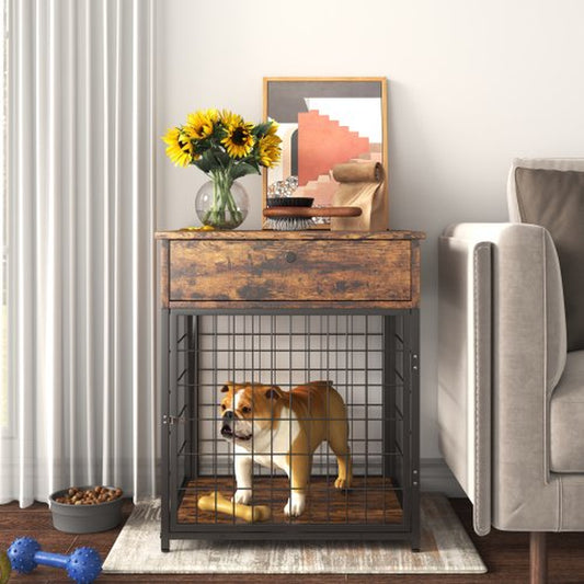 JINS&VICO Furniture Style Dog Crate End Table with Storage Drawer,Wood Pet Side Table Bed Nightstand,Indoor Use Chew-Proof Dog House for Small Dogs,Rustic Brown Animals & Pet Supplies > Pet Supplies > Dog Supplies > Dog Houses JINS & VICO Rustic Brown  