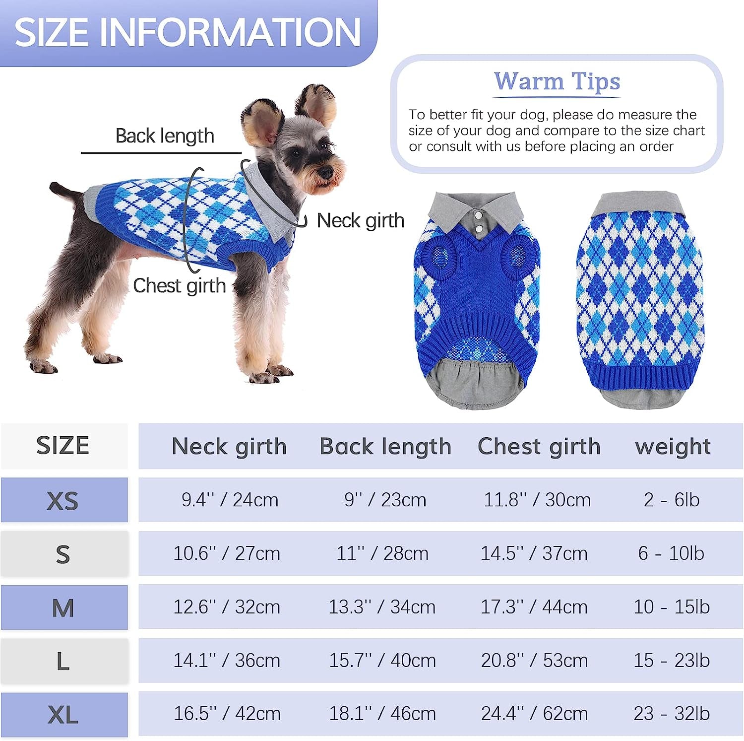 Kuoser Plaid Dog Sweater Warm Clothes, Patchwork Design Pet Dog Knitwear Classic Pullover Puppy Coat Cold Weather Sweatshirts with Leash Hole for Small Medium Cats Dogs (XS, Blue) Animals & Pet Supplies > Pet Supplies > Dog Supplies > Dog Apparel Kuoser   