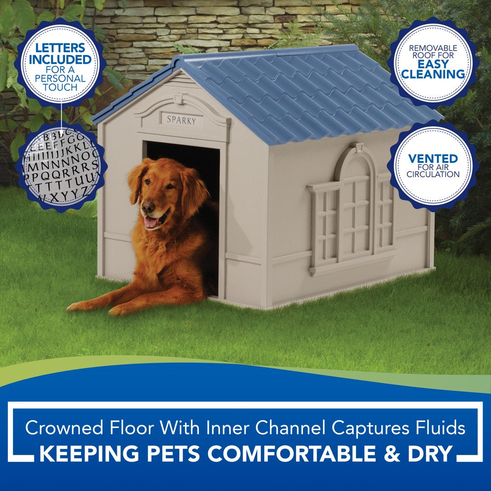 Suncast Deluxe Indoor & Outdoor Dog House for Medium/Large Breeds, Tan/Blue Animals & Pet Supplies > Pet Supplies > Dog Supplies > Dog Houses Suncast   