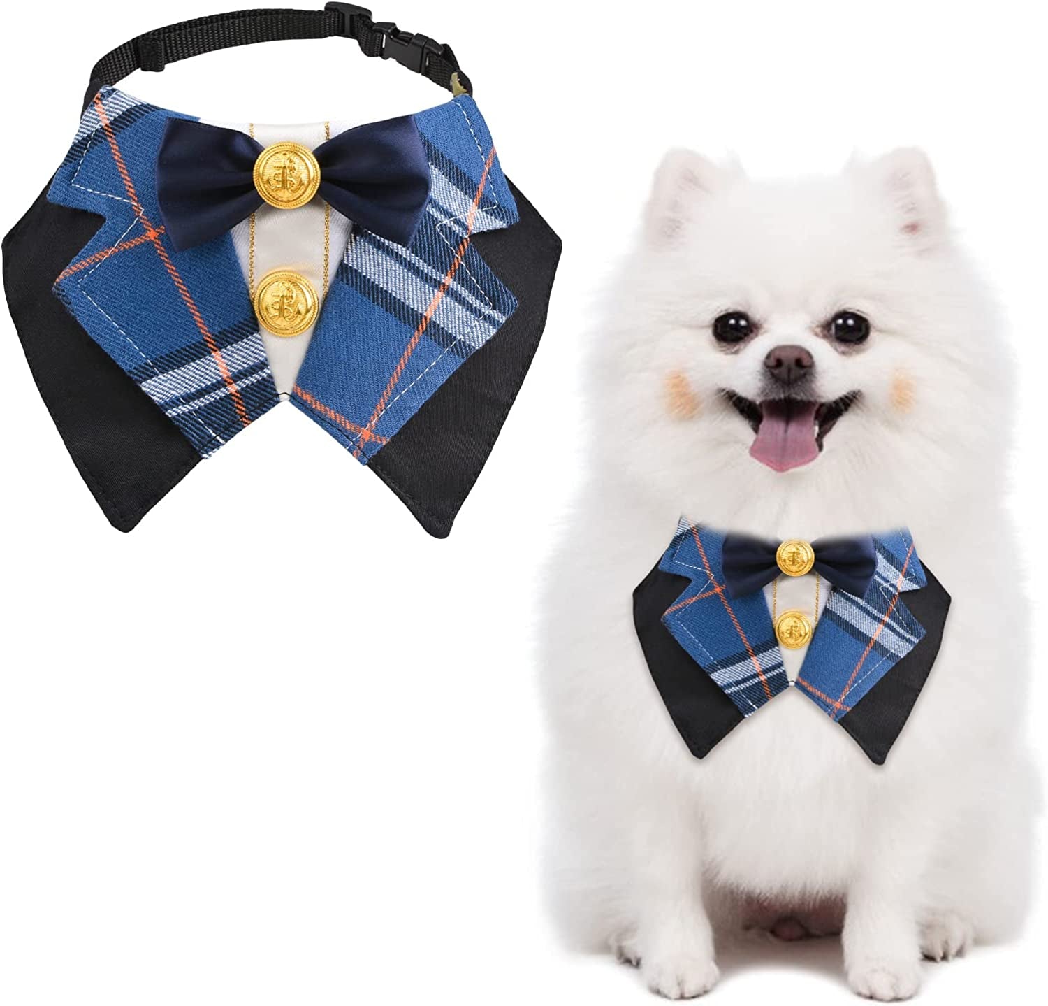 URROMA Preppy Dog Tuxedo, Classic Blue Check Dog Bowtie Collar Formal Pet Collar Bandana Bow Tie Collar for Small Dogs Cat Wedding Costumes, M Animals & Pet Supplies > Pet Supplies > Dog Supplies > Dog Apparel URROMA Blue S 