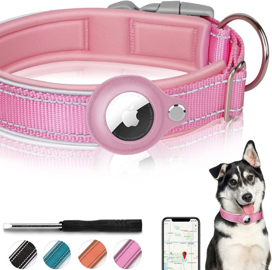 Reflective Airtag Dog Collar, FEEYAR Padded Apple Air Tag Dog Collar, Heavy Duty Dog Collar with Airtag Holder Case, Adjustable Air Tag Accessories Pet Collar for Small Medium Large Dogs Electronics > GPS Accessories > GPS Cases FEEYAR Pink S（12"-15"） 