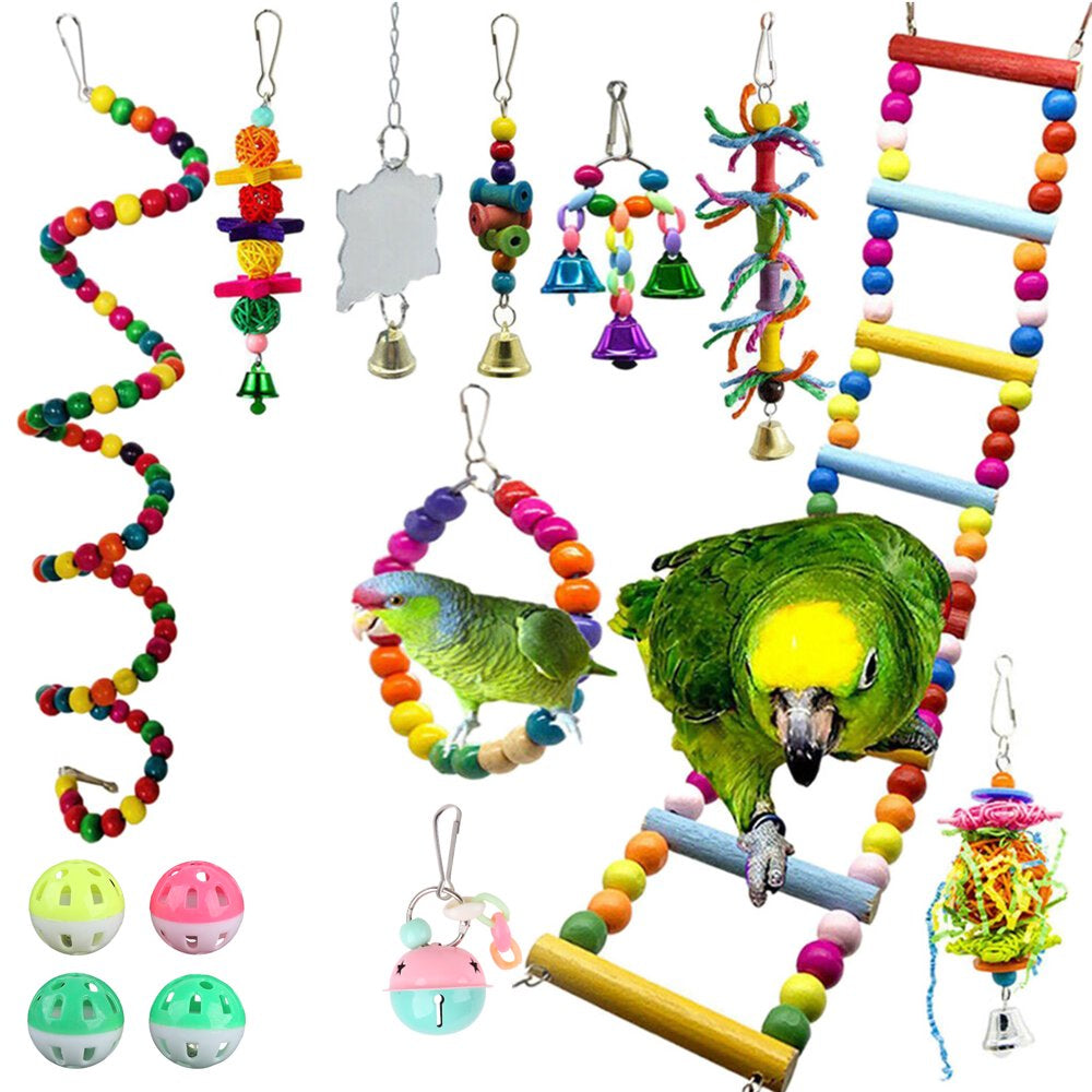 Heroneo 14Packs Bird Swing Chewing Toys Hanging Ladder Perch Parrot Mirror Cage Bell Toy