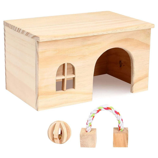 Hamster Wooden House, Small Animals Natural Hideout Habitat Cage Play Hut with Window and Block Chew Toys for Guinea Pig Gerbils Chinchillas Hedgehogs Tortoise