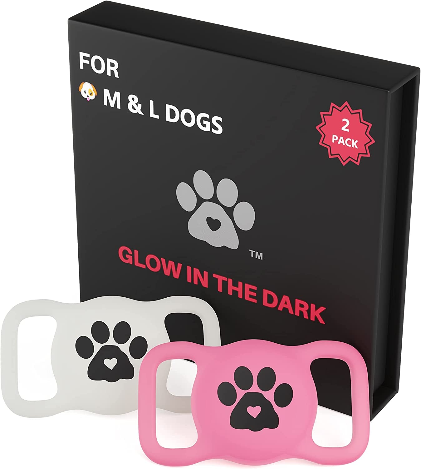 Airtag Dog Collar Holder – Available in Several Colors & Sizes - 2 Pack Silicone Dog Airtag Holder - Premium Dog Collar Airtag Holder - Apple Airtag Dog Collar Comfortably Fits Dogs & Cats Too! Electronics > GPS Accessories > GPS Cases LUVKO FAMILY Classic- M & L Dog, Light Pink & White (Glow In The Dark)  