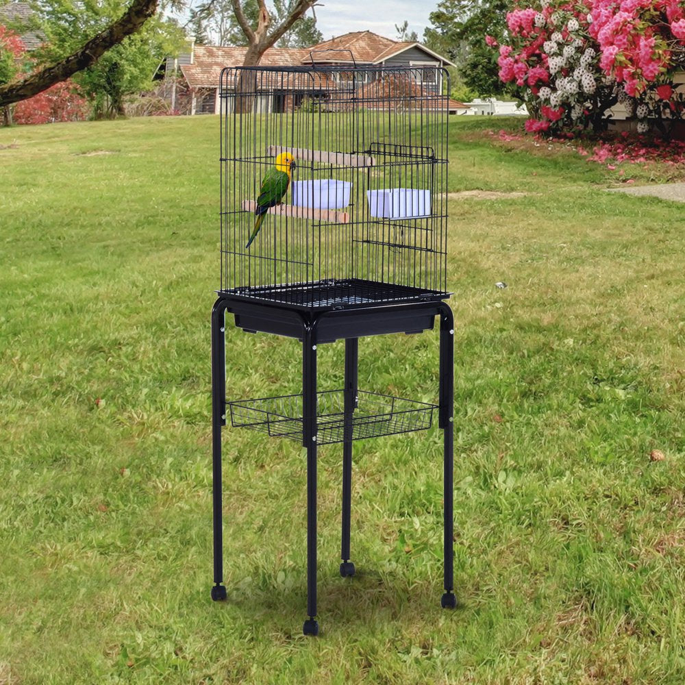 Pawhut 51" Metal Indoor Bird Cage Starter Kit with Detachable Rolling Stand, Storage Basket, and Accessories, Black Animals & Pet Supplies > Pet Supplies > Bird Supplies > Bird Cage Accessories Pawhut   