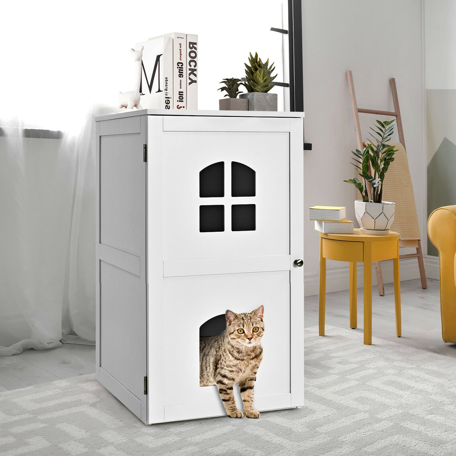 Gymax Cat House Pet Litter Box Enclosure Nightstand 2-Tier Hidden Cat Washroom