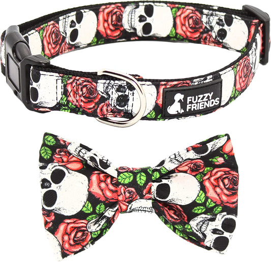 Sugar Skull and Roses Dog Bow Tie Collar with Optional Matching Leash Set. Great Dog Bow Tie for Any Occasion. One of the Most Durable Male or Female Dog Collars for Large Breeds or Small Animals & Pet Supplies > Pet Supplies > Dog Supplies > Dog Apparel Fuzzy Friends Sugar Skull Collar Large 