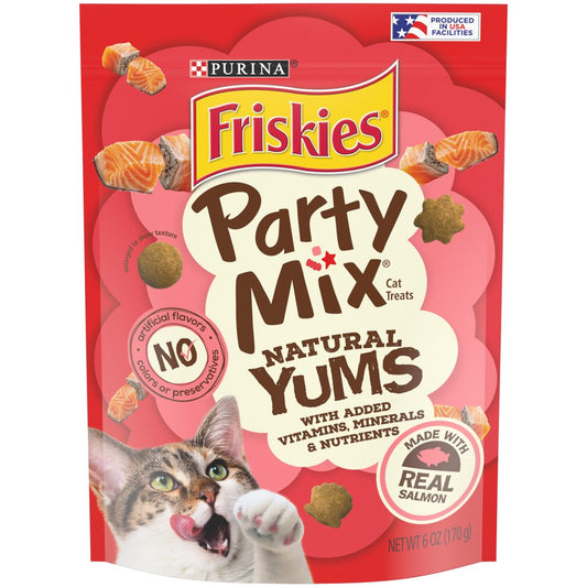 Friskies Natural Cat Treats, Party Mix Natural Yums with Real Salmon and Vitamins, Minerals & Nutrients, 6 Oz. Pouch