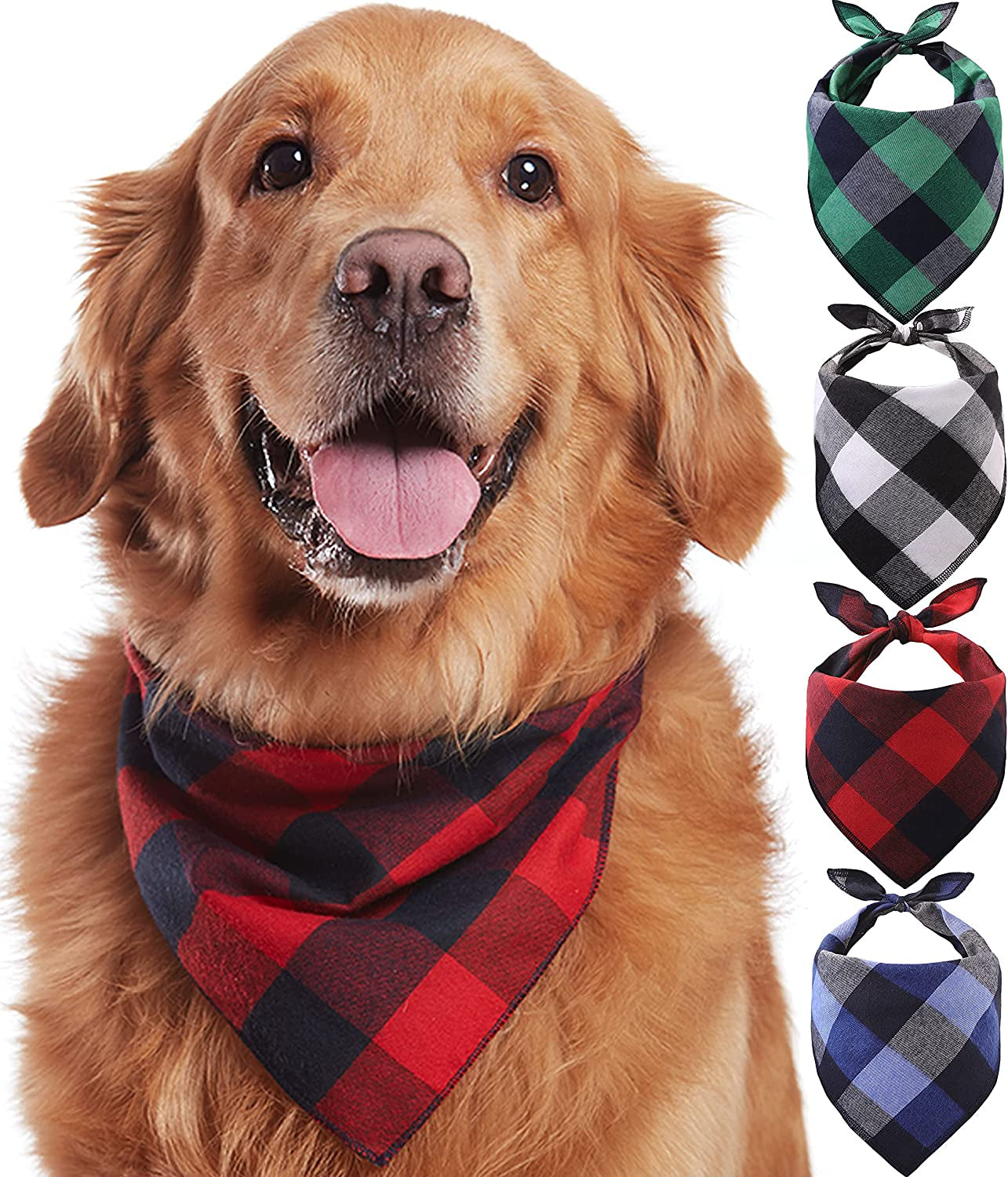 Odi Style Buffalo Plaid Dog Bandana 4 Pack - Cotton Bandanas Handkerchiefs Scarfs Triangle Bibs Accessories for Small Medium Large Dogs Puppies Pets, Black and White, Red, Green, Blue and Navy Blue Animals & Pet Supplies > Pet Supplies > Dog Supplies > Dog Apparel Odi Style L  