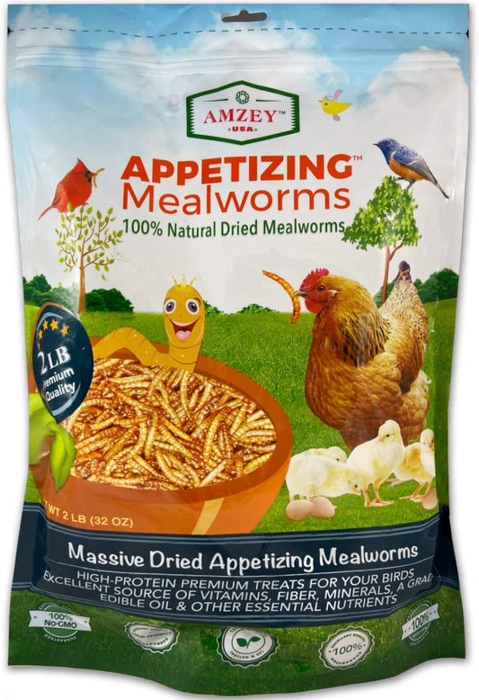 Amzey Freeze Dried Mealworms 2LBS, 100% Natural Non-Gmo, High-Protein Mealworms for Birds, Chicken Treats, Ducks, Wild Birds, Reptiles