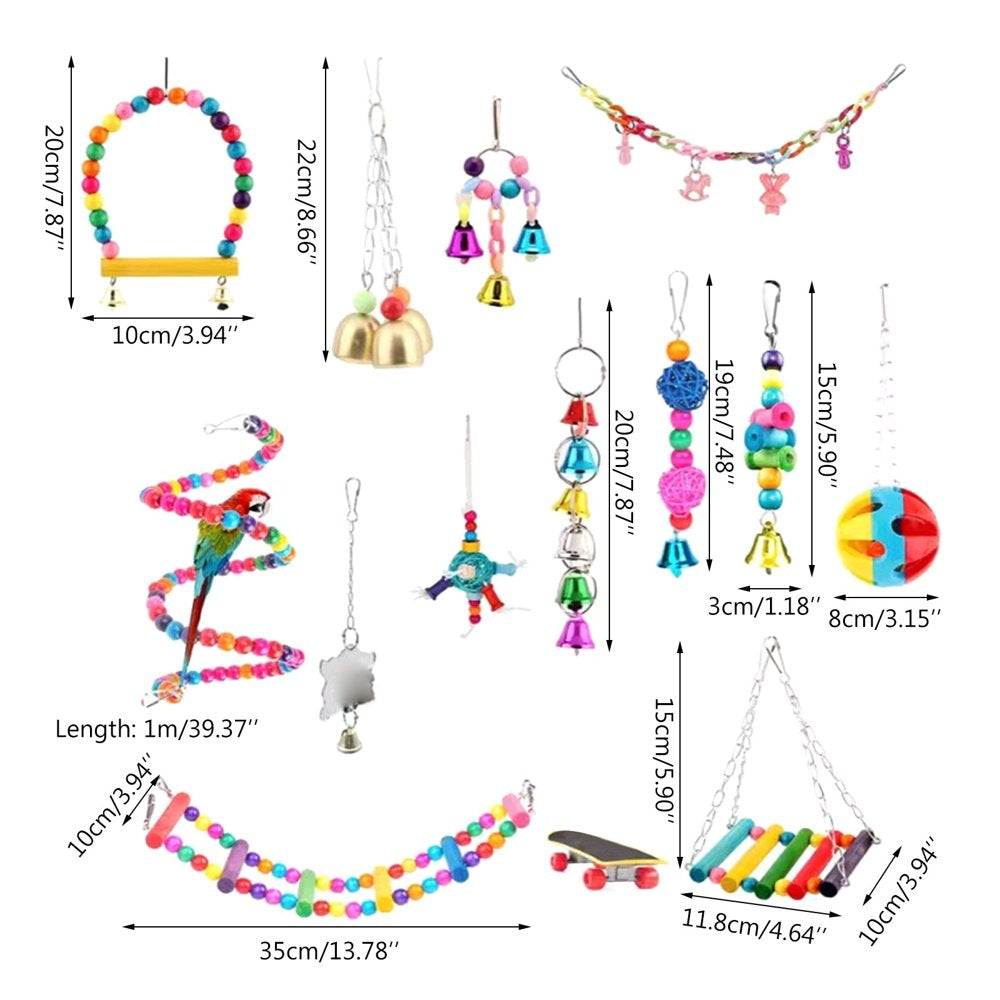 Bird Toys 14 Pieces Set Including Swing Ladder Perch Bell Ball Mirror Chew Toys Animals & Pet Supplies > Pet Supplies > Bird Supplies > Bird Ladders & Perches YMILEMY   