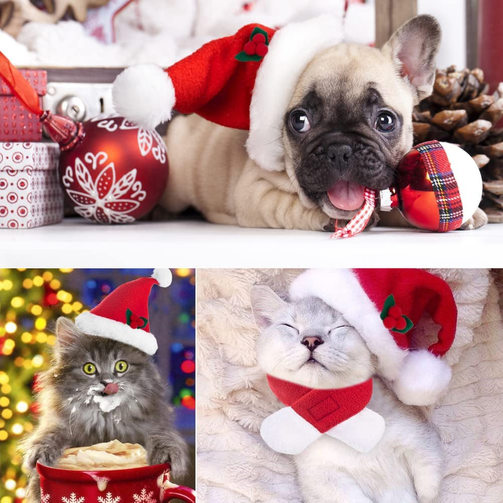 VALUCKEE Christmas Cat Costumes Santa Hats and Scarf, Adjustable Xmas Outfit Clothes with Bow Tie for Pet Small Dog, Winter Warm Snowflake Hat for Cat, Kitty Puppy Xmas Gift Present Animals & Pet Supplies > Pet Supplies > Dog Supplies > Dog Apparel VALUCKEE   