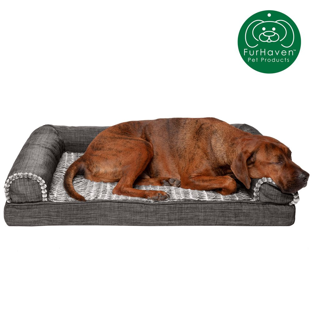 Furhaven Pet Products | Memory Foam Luxe Fur & Performance Linen Sofa-Style Couch Pet Bed for Dogs & Cats, Woodsmoke, Large Animals & Pet Supplies > Pet Supplies > Cat Supplies > Cat Beds FurHaven Pet Memory Foam L Charcoal