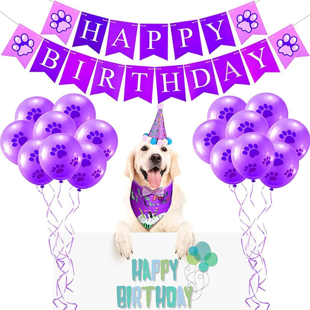 ACSUZ Purple Dog Birthday Decorations Happy Birthday Banner Bandana Scarf Bowtie Hat and Paws Prints Ballons Sets Animals & Pet Supplies > Pet Supplies > Dog Supplies > Dog Apparel ACSUZ   