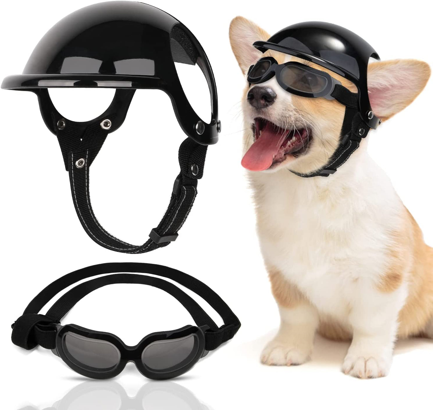 Slowton Dog Helmet and Goggles for Small Dogs - UV Protection Doggy Sunglasses Dog Glasses Pet Motorcycle Helmet Hat with Ear Holes Adjustable Belt Safety Hat for Puppy Riding (Black, Small) Animals & Pet Supplies > Pet Supplies > Dog Supplies > Dog Apparel SlowTon Small  