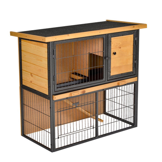 Pawhut Wood-Metal Rabbit Hutch Elevated Pet House Bunny Cage Small Animal Habitat with Slide-Out Tray Asphalt Openable Roof Lockable Door for Outdoor 35" X 18" X 32" Light Yellow