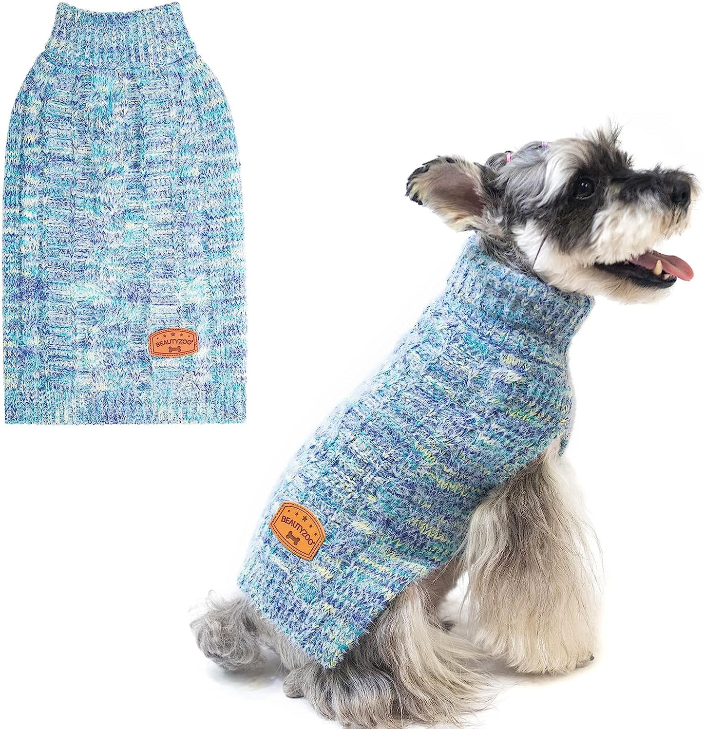 BEAUTYZOO Small Dog Sweater -Turtleneck Pullover Classic Cable Knit Fuzzy Winter Coat Dog Cold Weather Clothes for Small Medium Dogs Puppy Girl Boys(Rainbow Pink, S) Animals & Pet Supplies > Pet Supplies > Dog Supplies > Dog Apparel BEAUTYZOO Cyan Blue X-Small 