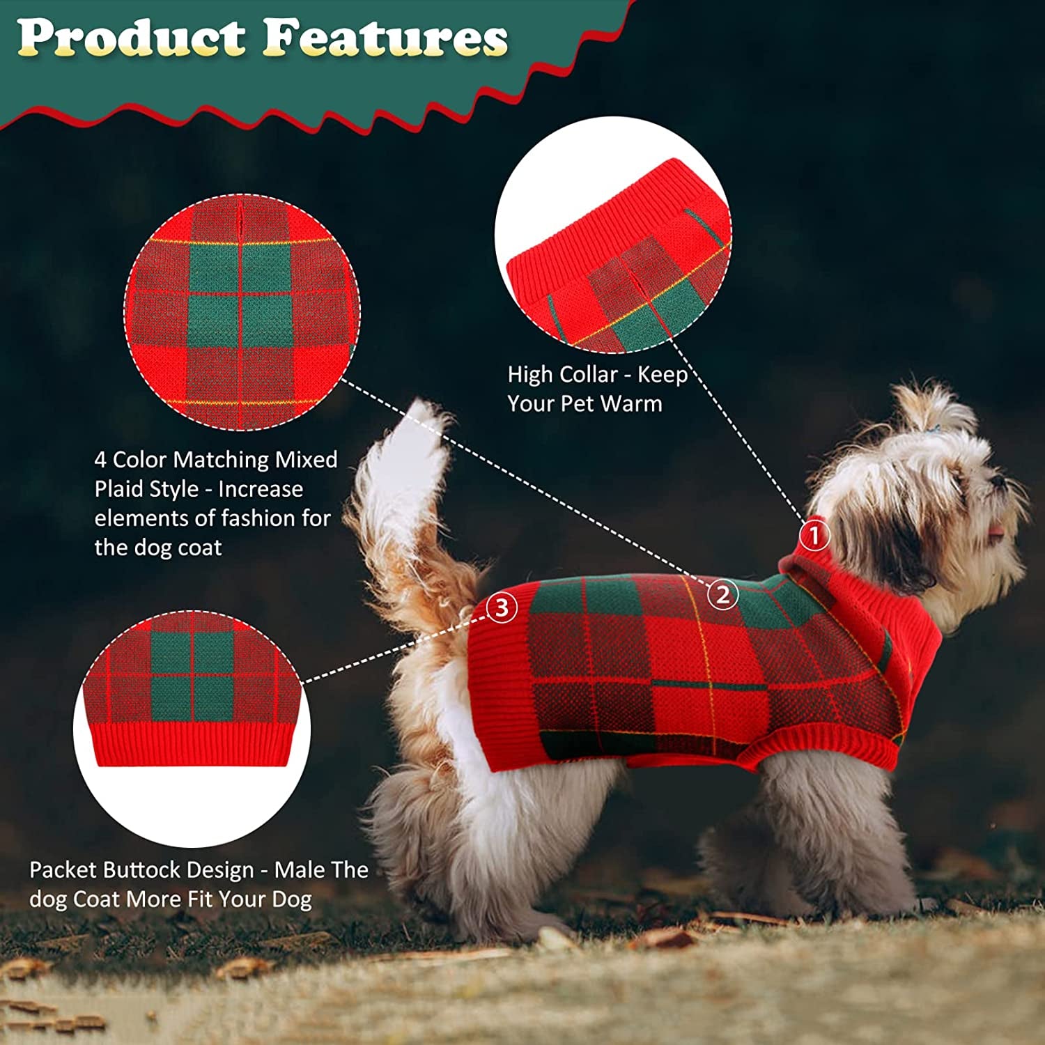 MIGOHI Dog Sweater, Dog Christmas Sweater Warm Winter Plaid Knitwear with Leash Hole, Turtleneck Dog Vest British Style for XS Small Medium Large Dogs, Green and Red Animals & Pet Supplies > Pet Supplies > Dog Supplies > Dog Apparel MIGOHI   