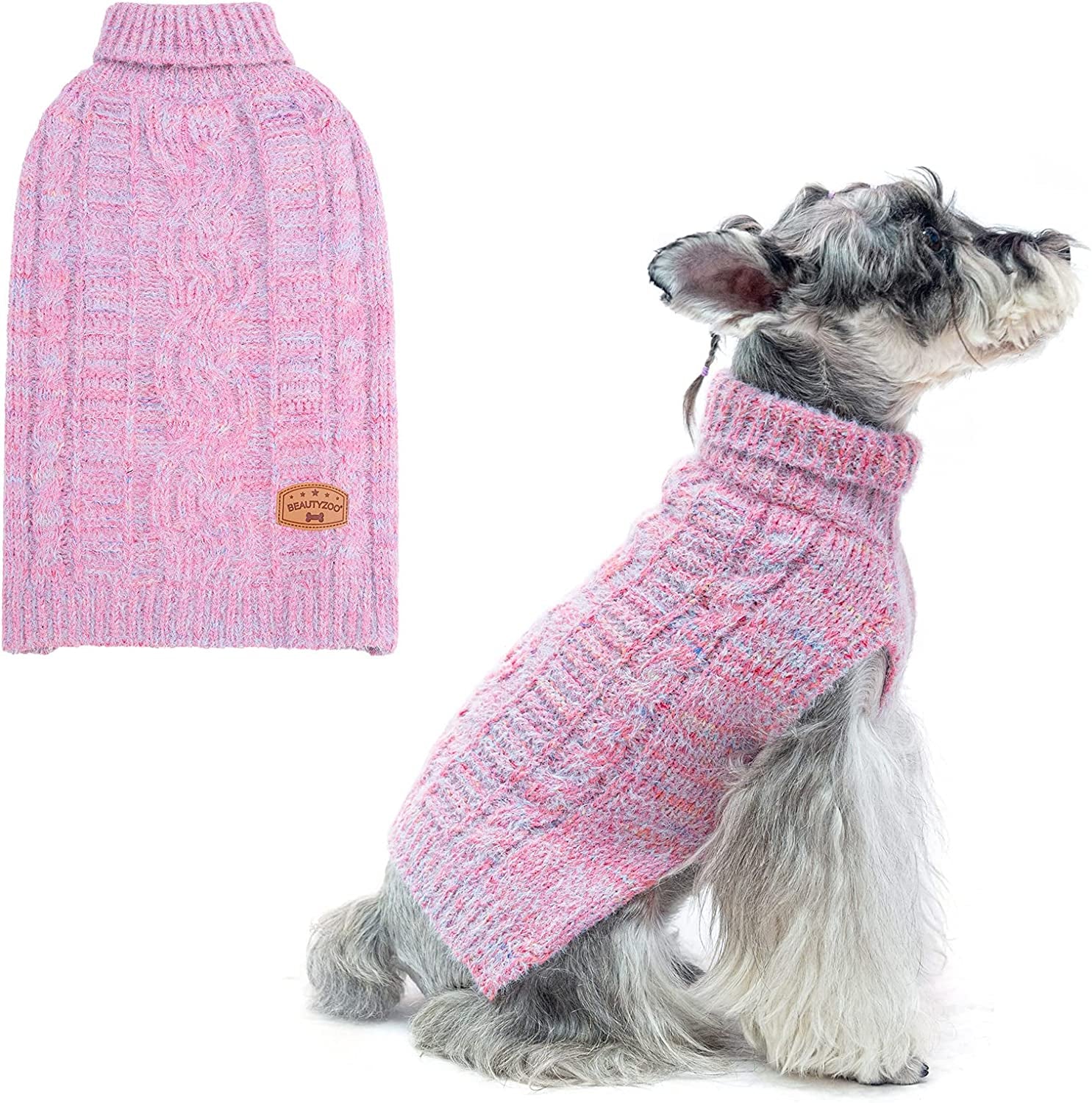 BEAUTYZOO Small Dog Sweater -Turtleneck Pullover Classic Cable Knit Fuzzy Winter Coat Dog Cold Weather Clothes for Small Medium Dogs Puppy Girl Boys(Rainbow Pink, S) Animals & Pet Supplies > Pet Supplies > Dog Supplies > Dog Apparel BEAUTYZOO Gradient Rose Small 