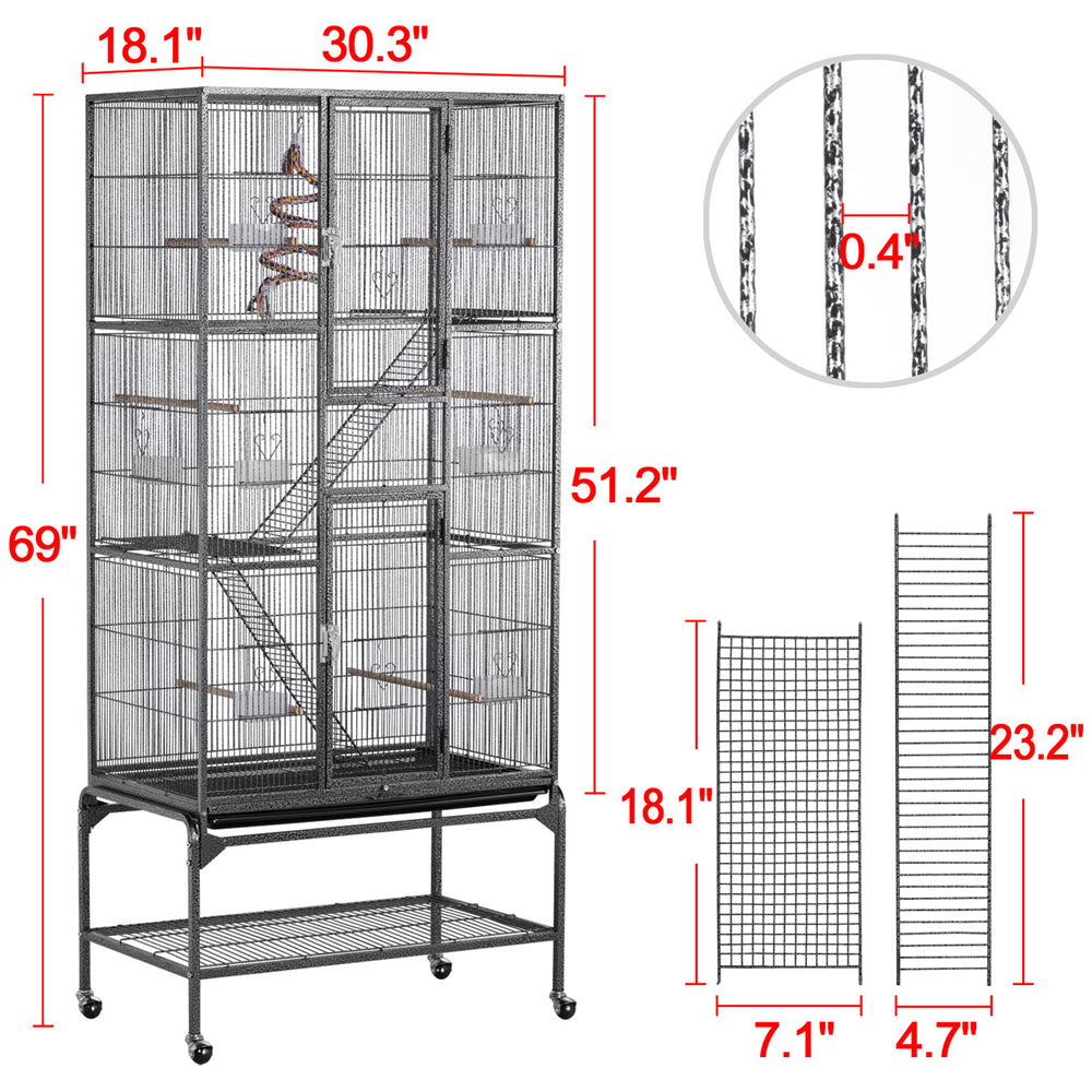 Topeakmart 69''H Mobile Extra Large Bird Cage Parrot Cage Rolling Metal Pet Cage with Detachable Stand, Black Animals & Pet Supplies > Pet Supplies > Bird Supplies > Bird Cages & Stands Topeakmart   