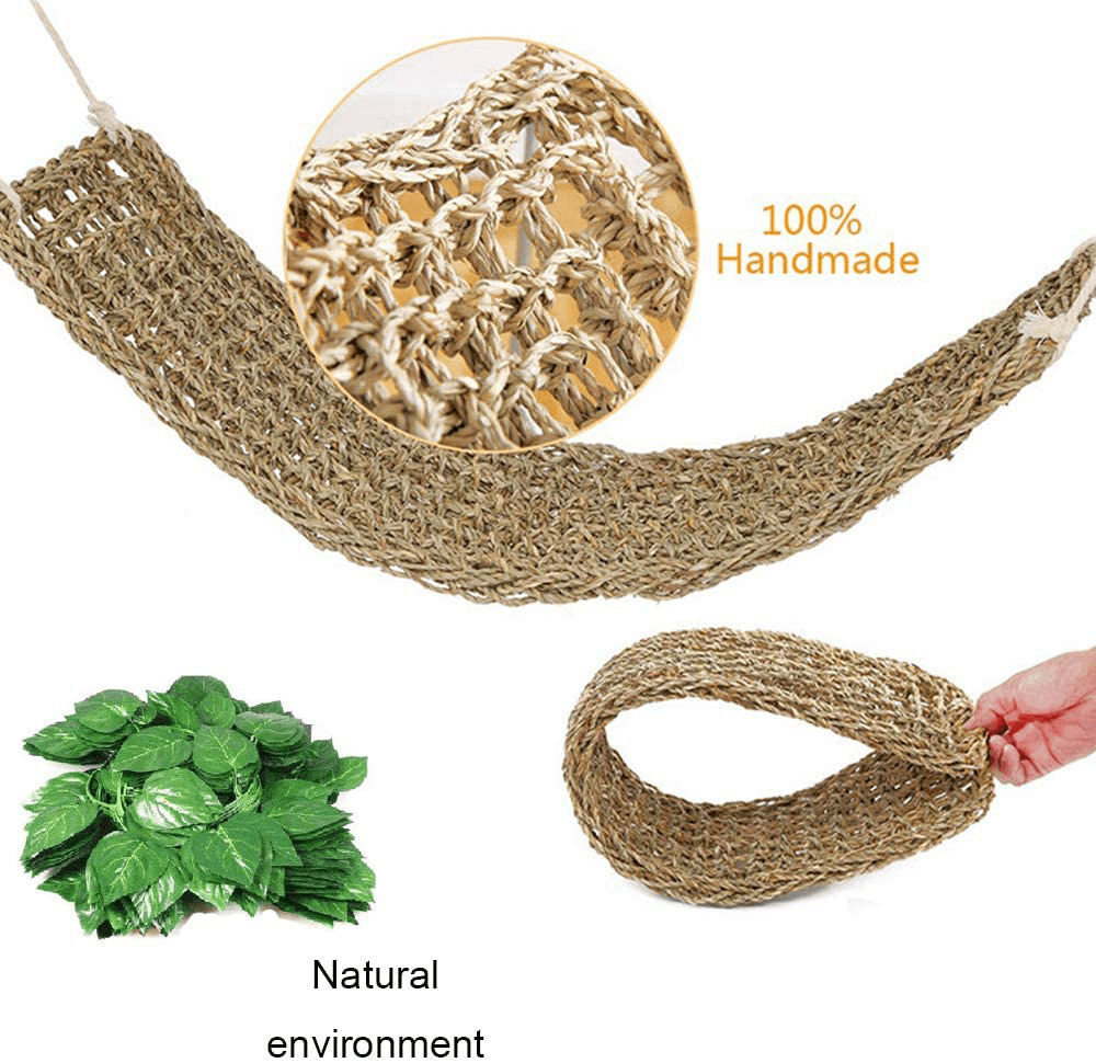 1Pcs Bearded Dragon Hammock,Reptile Lizard Lounger Hammock Natural Seagrass Fibers Small Animals Hammock Sleep Bed for Reptiles and 2 Pcs Plastic Terrarium Plant Leaves Animals & Pet Supplies > Pet Supplies > Small Animal Supplies > Small Animal Habitat Accessories kathson   