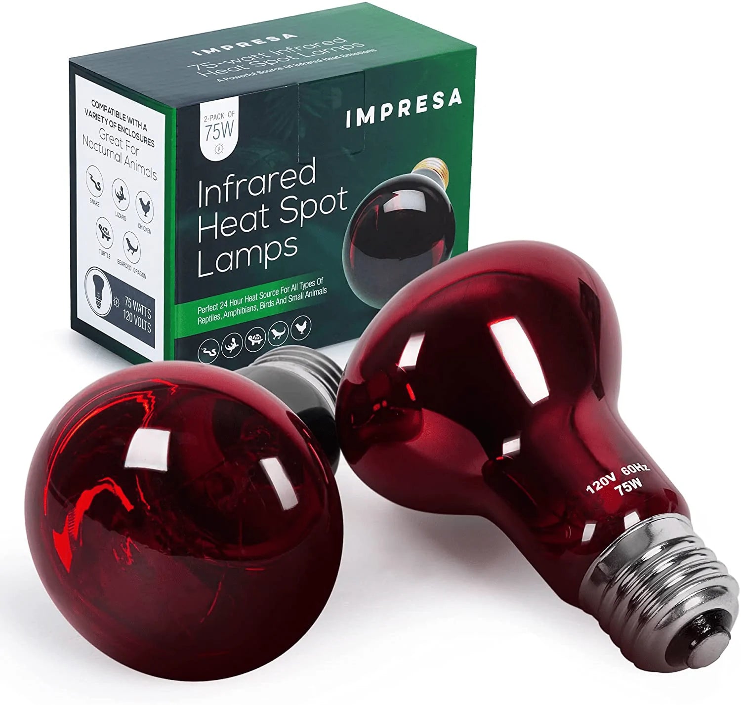 [2-Pack]‌ ‌75‌ ‌Watt‌ ‌Infrared‌ ‌Heat‌ ‌Lamp Bulb‌ ‌For‌ ‌Reptiles‌ ‌-‌ ‌‌ Keeps‌ ‌Your‌ ‌Animals‌ ‌Warm‌ ‌-‌ ‌Red‌ ‌Heat‌ ‌Lamp‌ ‌Bulb‌ ‌Compatible‌ ‌With‌ ‌A‌ ‌Variety‌ ‌Of‌ ‌Enclosures‌ Animals & Pet Supplies > Pet Supplies > Reptile & Amphibian Supplies > Reptile & Amphibian Habitat Heating & Lighting Impresa   