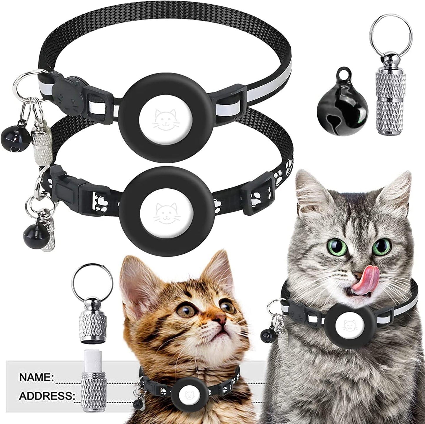 2 Pack Airtag Cat Collar, Breakaway Cat Collars Holder Compatible with Apple Airtag, Adjustable Reflective Strap with Bell & ID Tag for Cat Dog Kitten Puppy Electronics > GPS Accessories > GPS Cases HXZLJLP Black  
