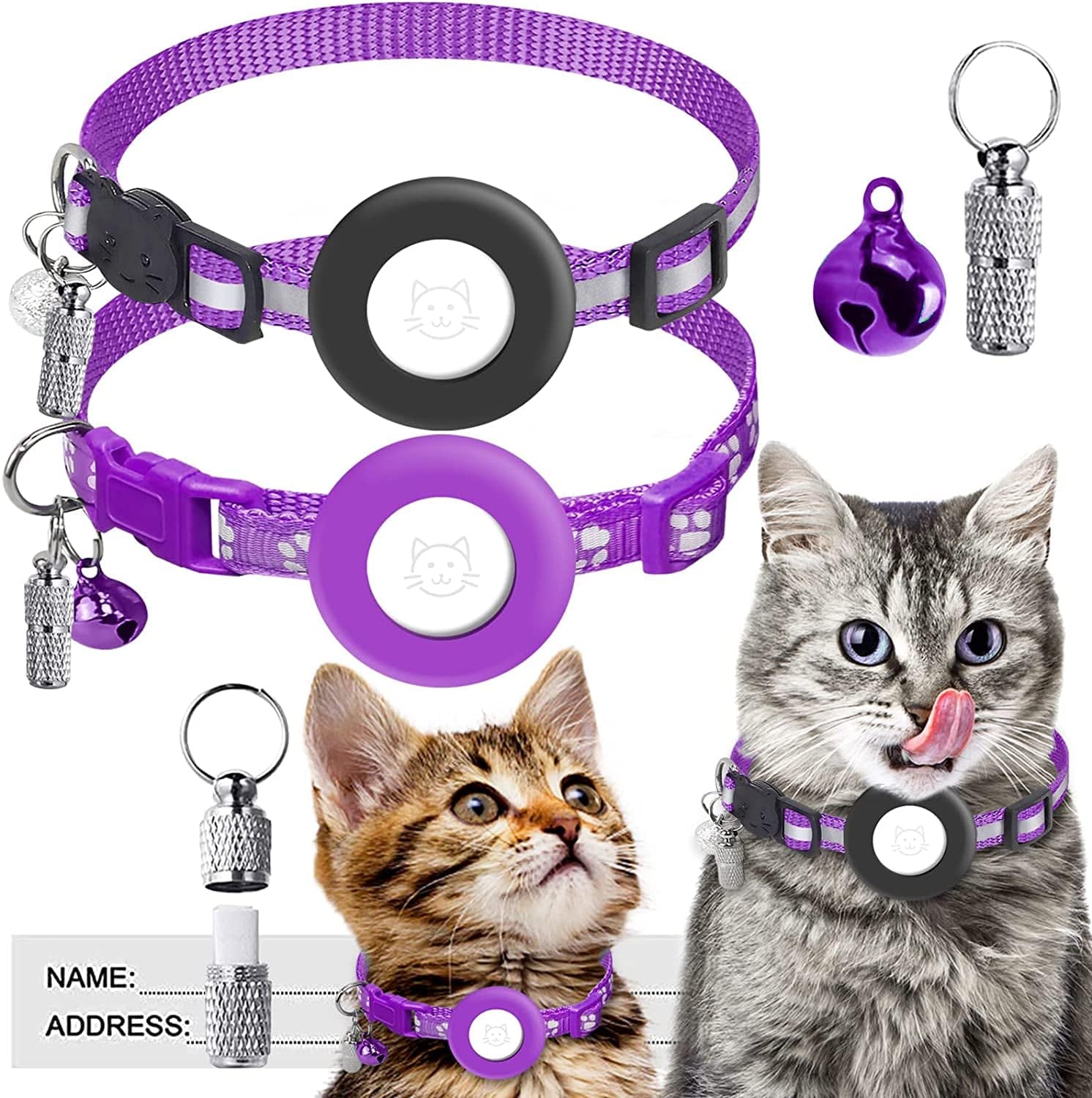 2 Pack Airtag Cat Collar, Breakaway Cat Collars Holder Compatible with Apple Airtag, Adjustable Reflective Strap with Bell & ID Tag for Cat Dog Kitten Puppy Electronics > GPS Accessories > GPS Cases HXZLJLP Purple  