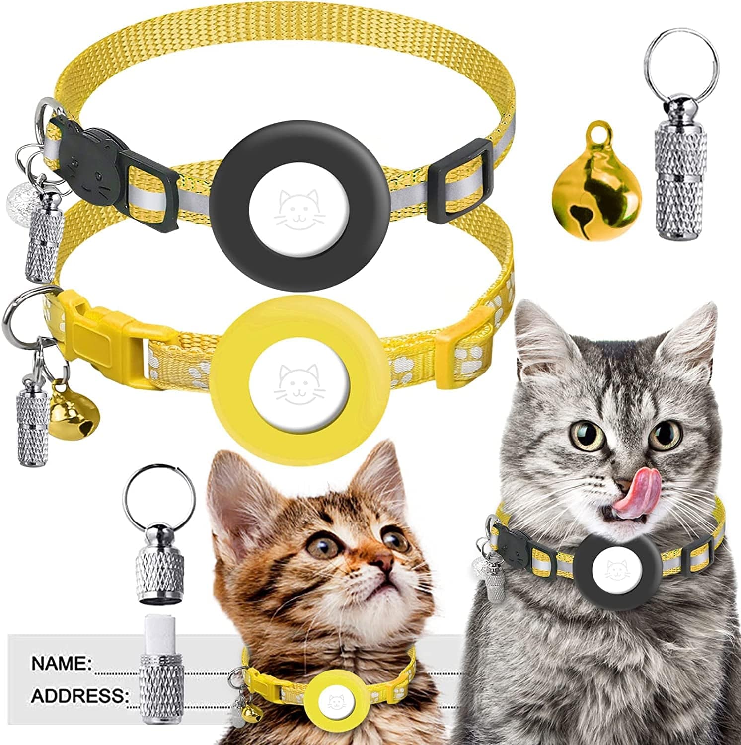 2 Pack Airtag Cat Collar, Breakaway Cat Collars Holder Compatible with Apple Airtag, Adjustable Reflective Strap with Bell & ID Tag for Cat Dog Kitten Puppy Electronics > GPS Accessories > GPS Cases HXZLJLP Yellow  