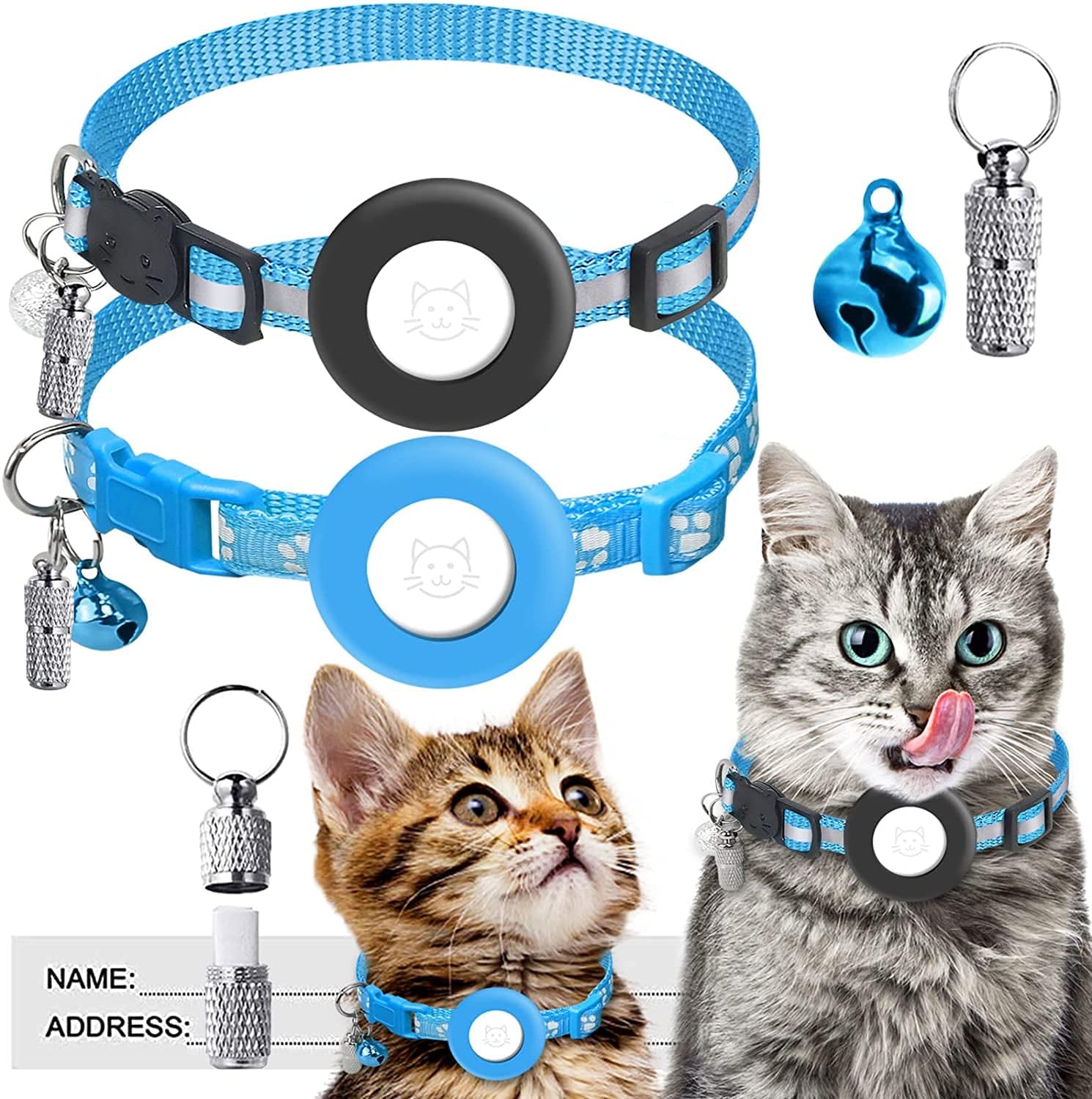 2 Pack Airtag Cat Collar, Breakaway Cat Collars Holder Compatible with Apple Airtag, Adjustable Reflective Strap with Bell & ID Tag for Cat Dog Kitten Puppy Electronics > GPS Accessories > GPS Cases HXZLJLP Blue  
