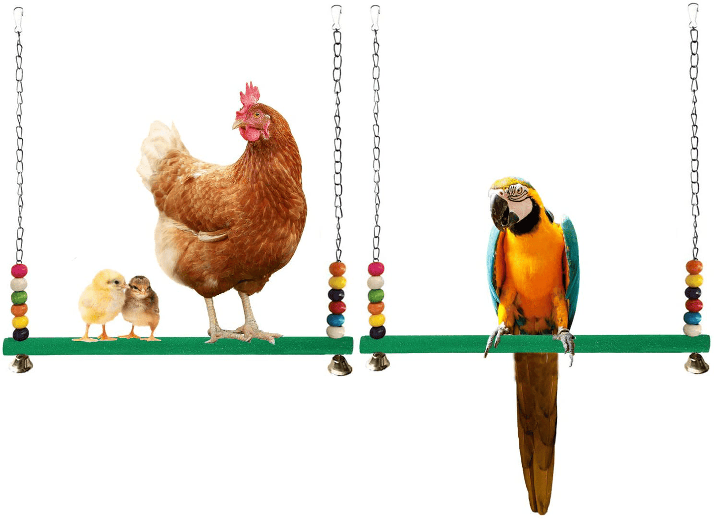 2 Pack Buytra Chicken Swing Toy for Hens with Colorful Wooden Beads and Bells - Natural Wood Chicken Ladder Perch Stand for Chicks - Bird Swing for Parrots - Great Chicken Coop Accessories