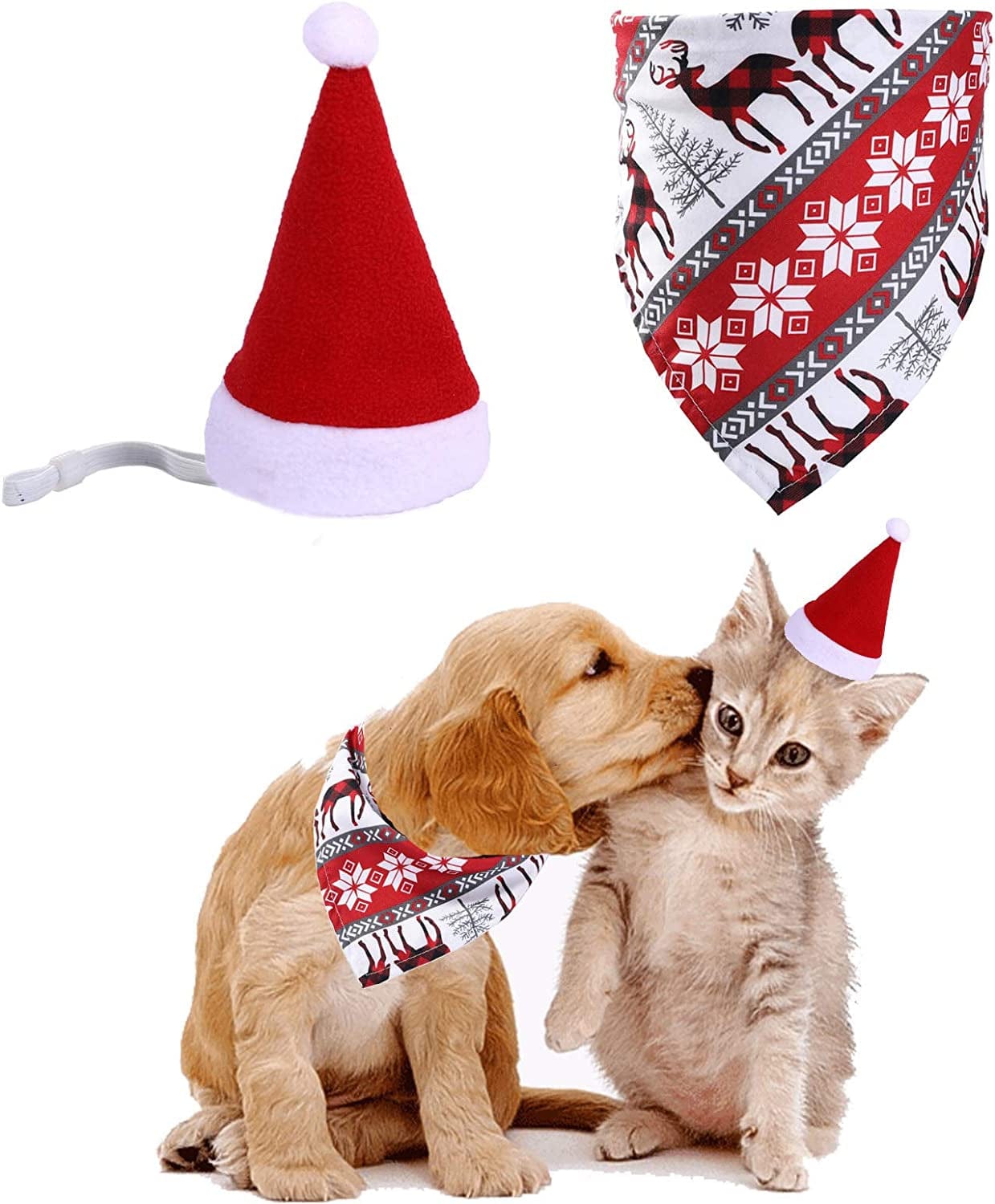 2 Pack Christmas Pet Cat Dog Santa Hat, Xmas Dog Bandana for Puppy Kitten Pet Costume Animals & Pet Supplies > Pet Supplies > Dog Supplies > Dog Apparel Pinkswan Red Set  