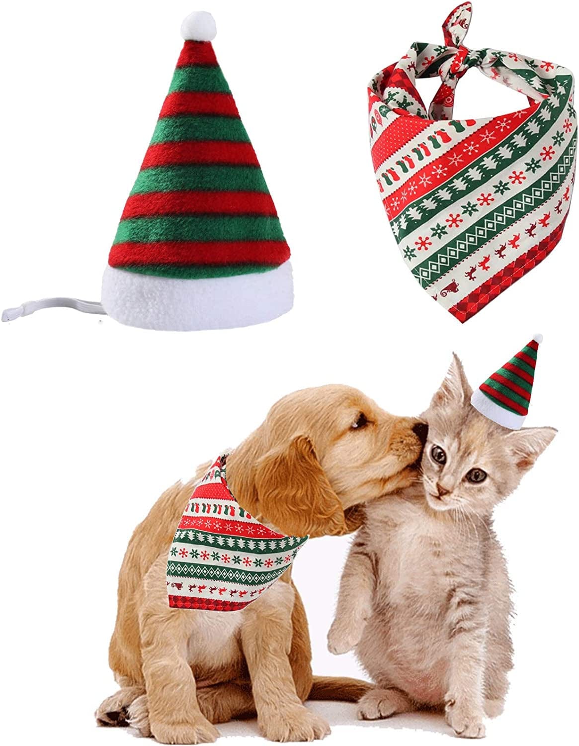 2 Pack Christmas Pet Cat Dog Santa Hat, Xmas Dog Bandana for Puppy Kitten Pet Costume Animals & Pet Supplies > Pet Supplies > Dog Supplies > Dog Apparel Pinkswan Green set  