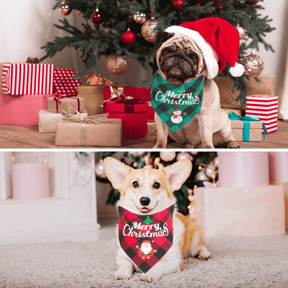 2 Pack Dog Bandana Christmas Classic Plaid Pet Scarf Triangle Bibs Kerchief Merry Christmas Santa Snowman Print Pet Bandana for Small Medium Large Dogs Cats Pets (Red & Green)