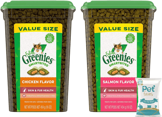 (2 Pack) Greenies Feline SMARTBITES Healthy Skin and Fur, Chicken and Salmon Falvor 16Oz, with 10Ct Pet Wipes