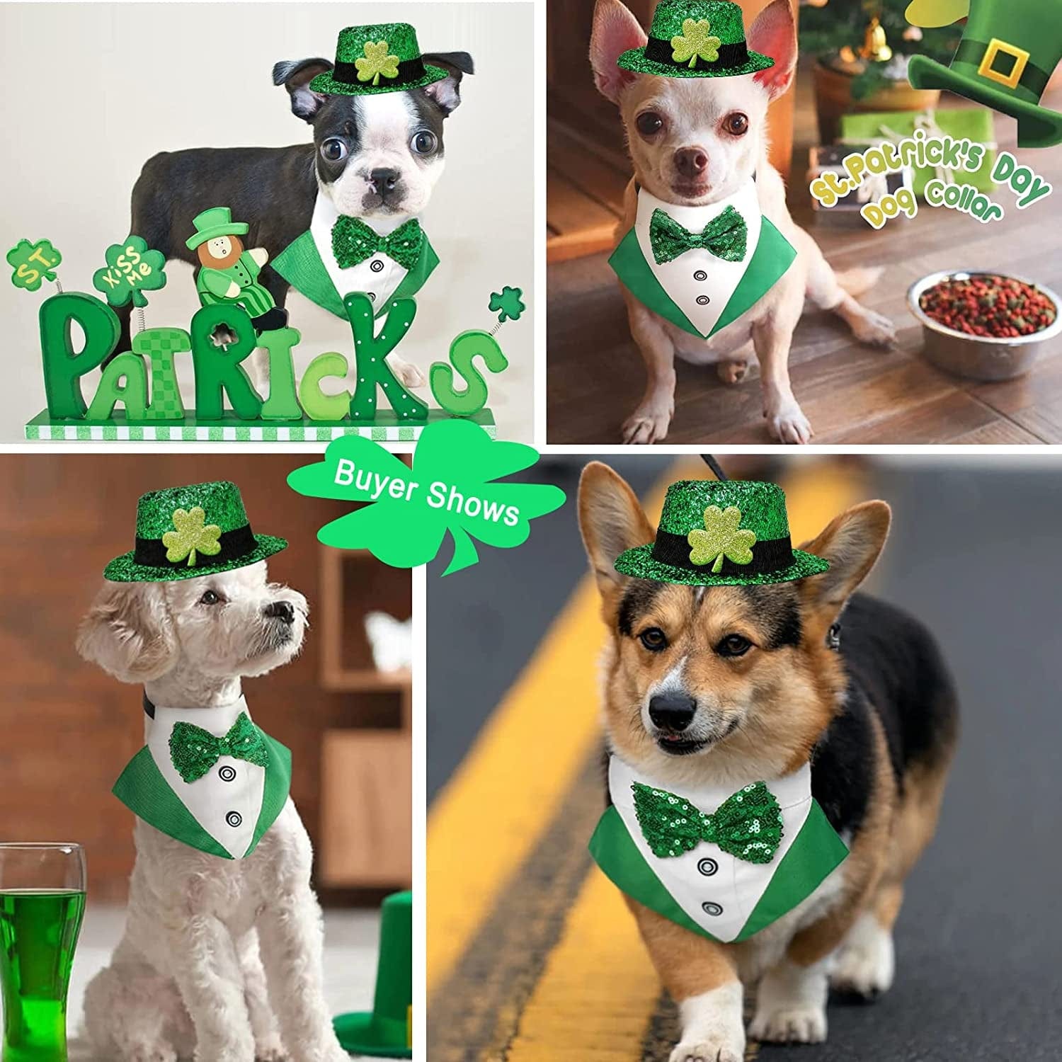 2 Pack St. Patrick'S Day Costume Dog Bandana Collar and Pet Top Hat Green Dog Bow Tie Formal Tux Clothes with D-Ring Irish Tuxedo St Patrick Costume for Dogs Puppy Cat Party Dress-Up Animals & Pet Supplies > Pet Supplies > Dog Supplies > Dog Apparel CAISANG   