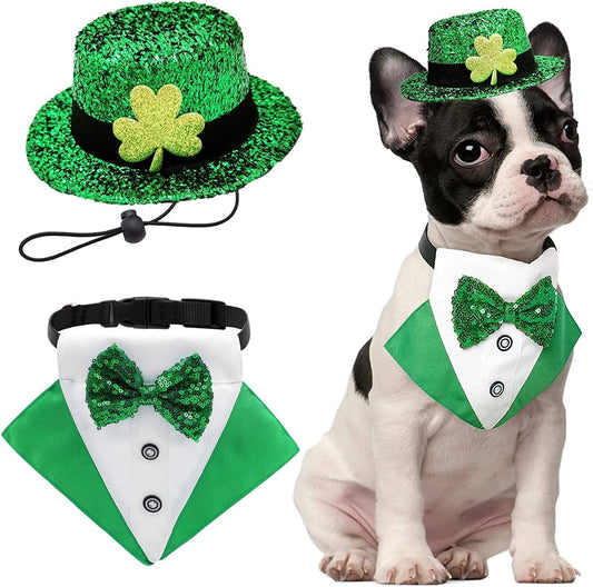 2 Pack St. Patrick'S Day Costume Dog Bandana Collar and Pet Top Hat Green Dog Bow Tie Formal Tux Clothes with D-Ring Irish Tuxedo St Patrick Costume for Dogs Puppy Cat Party Dress-Up Animals & Pet Supplies > Pet Supplies > Dog Supplies > Dog Apparel CAISANG Green+White Medium 