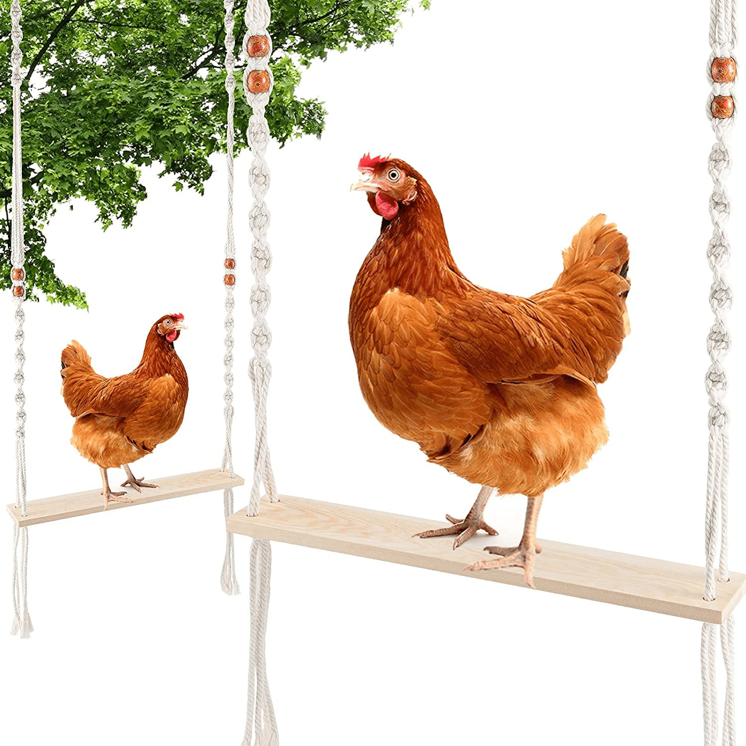 2 Pcs Chicken Swing Toy- Bohemian Natural Wood Chicken Stand Perch Hand-Woven Chicken Ladder with Beads Bird Swing Toy for Big Poultry Chicken Duck Bird Parrot Pet Entertainment