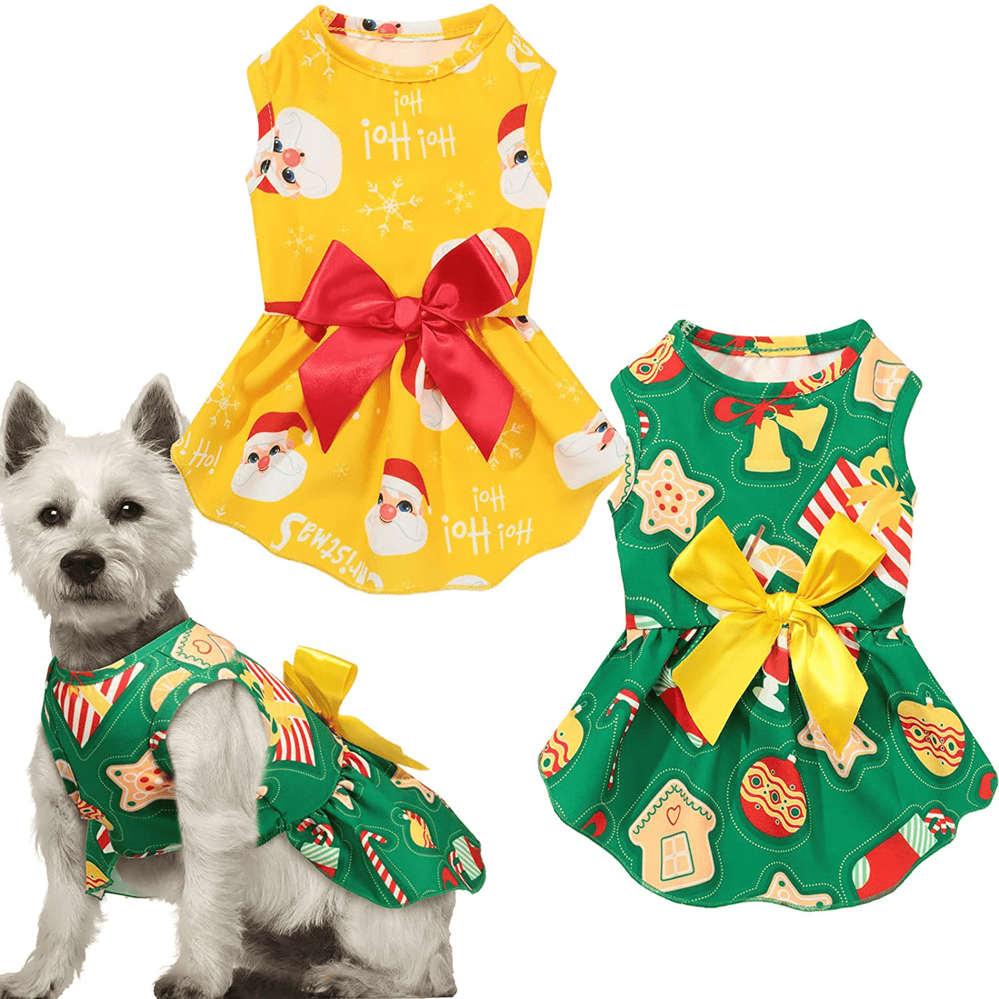 2 Pieces Christmas Dog Dresses Holiday Theme Dog Clothes Cat Apparel Cute Pet Clothes Dog Outfit Doggie Bowknot Dresses Puppy Party Costumes for Dogs Cats Pet