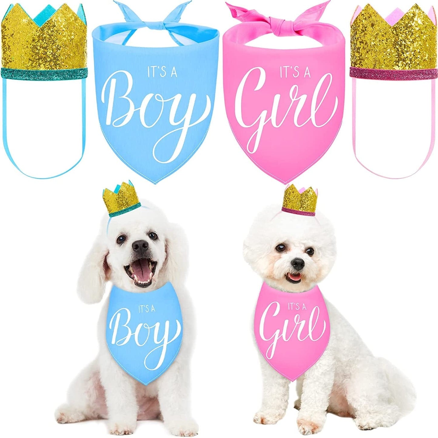 2 Pieces It'S a Boy It'S a Girl Dog Bandana Gender Reveal Baby Announcement Dog Bandana and 2 Pieces Pet Crown Dog Hat Photo Props for Dog Puppy Cat (Blue, Pink) Animals & Pet Supplies > Pet Supplies > Dog Supplies > Dog Apparel Kajaia   