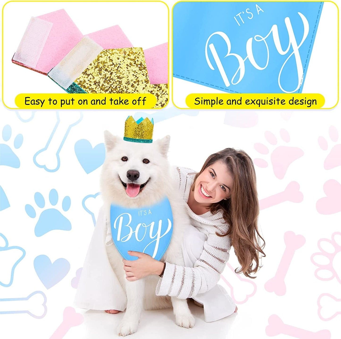 2 Pieces It'S a Boy It'S a Girl Dog Bandana Gender Reveal Baby Announcement Dog Bandana and 2 Pieces Pet Crown Dog Hat Photo Props for Dog Puppy Cat (Blue, Pink) Animals & Pet Supplies > Pet Supplies > Dog Supplies > Dog Apparel Kajaia   