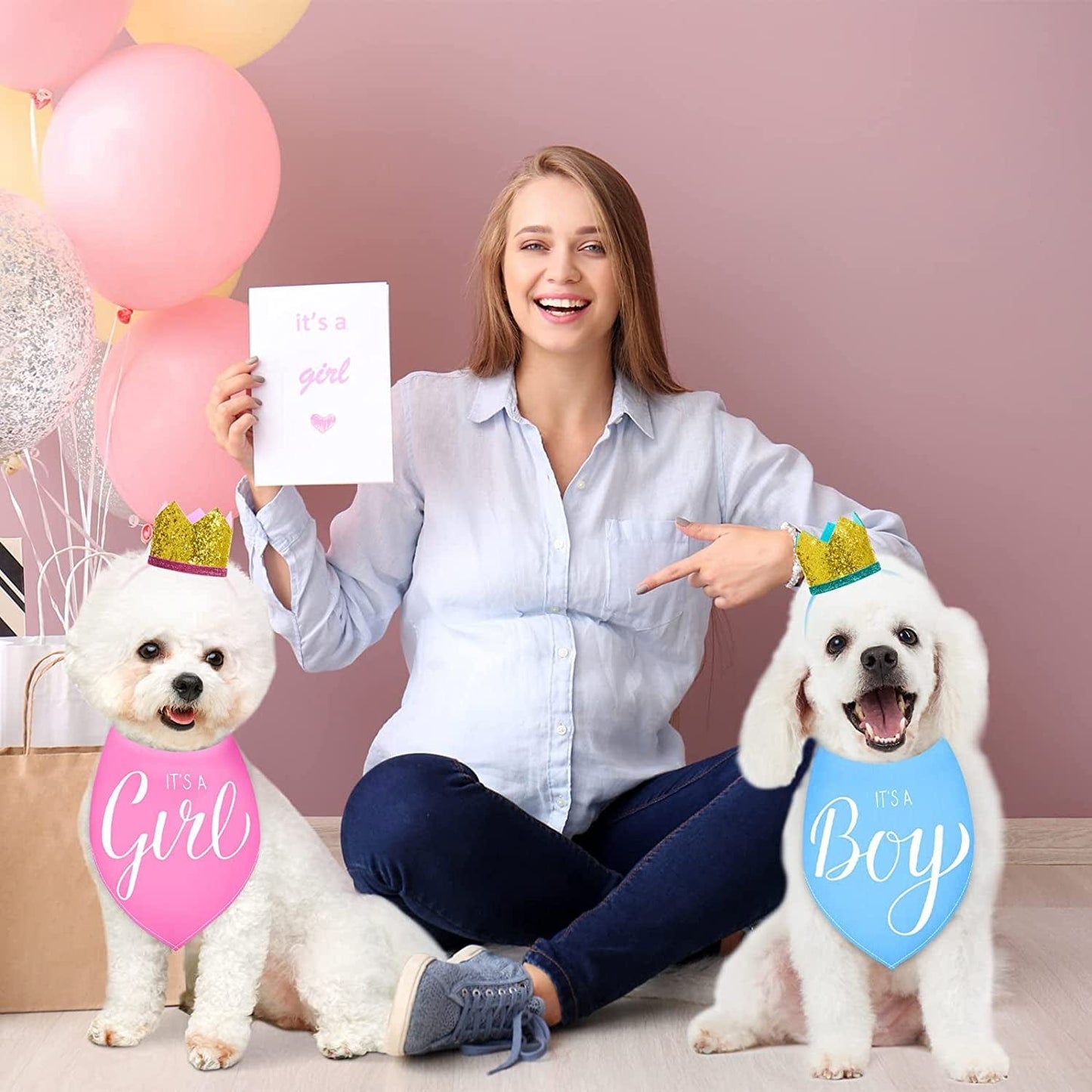 2 Pieces It'S a Boy It'S a Girl Dog Bandana Gender Reveal Baby Announcement Dog Bandana and 2 Pieces Pet Crown Dog Hat Photo Props for Dog Puppy Cat (Blue, Pink) Animals & Pet Supplies > Pet Supplies > Dog Supplies > Dog Apparel Kajaia   