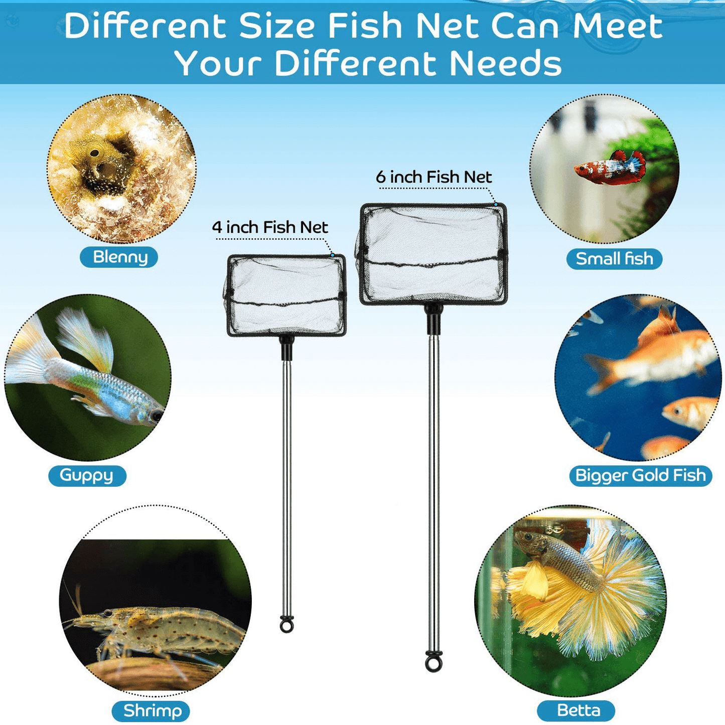 2 Pieces Mesh Fish Tank Net Aquarium Fish Net 4 Inch and 6 Inch Stainless Steel Fish Net with Extendable 12.5-27.5 Inch Long Handle Fish Catch Nets Fish Tank Aquarium Accessories