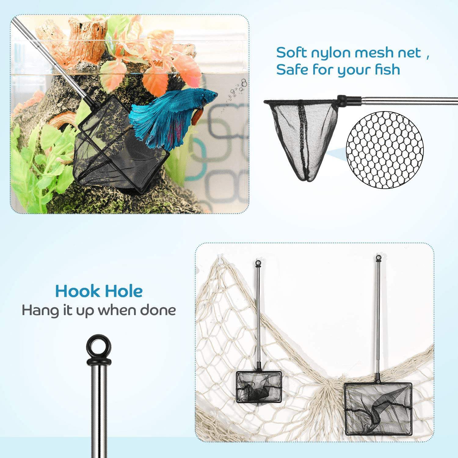 2 Pieces Mesh Fish Tank Net Aquarium Fish Net 4 Inch and 6 Inch Stainless Steel Fish Net with Extendable 12.5-27.5 Inch Long Handle Fish Catch Nets Fish Tank Aquarium Accessories